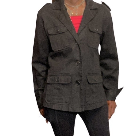 Vintage 90s Outer Edge Utility Jacket Black Twill 4 pocket button closure size L - Picture 1 of 16